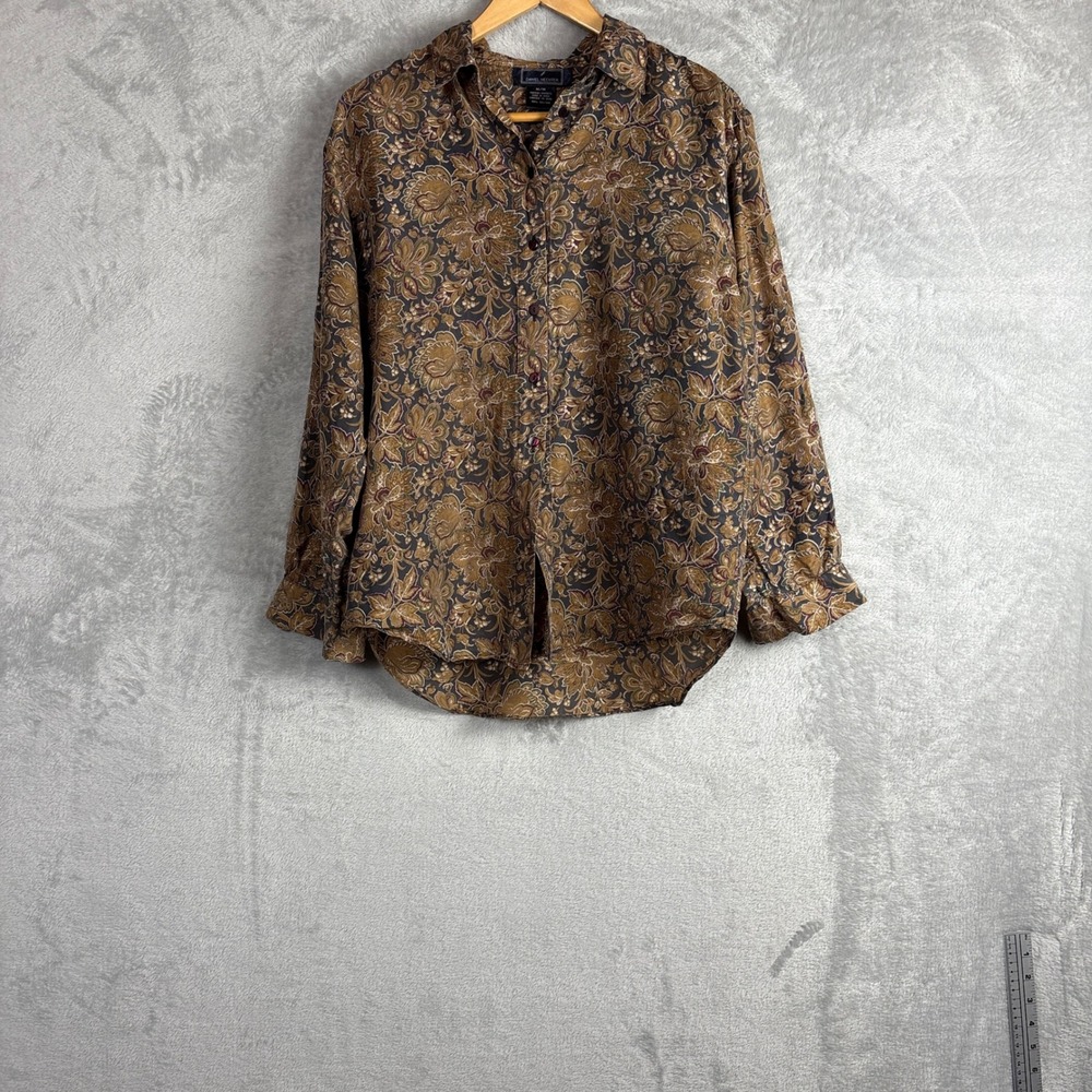 Vintage Blouse Top Silk Paisley Button Down Size M Brown Floral Long Sleeve Y2K